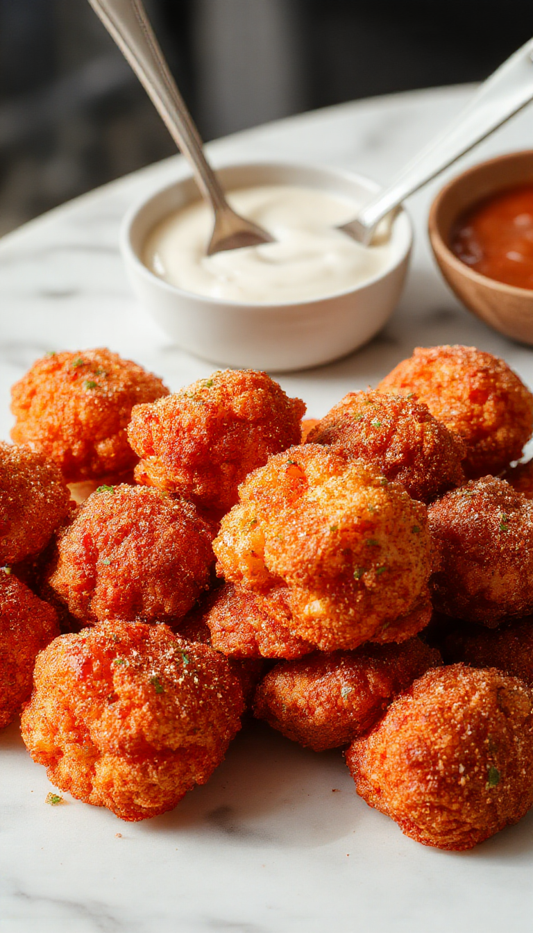 Crispy golden buffalo cauliflower bites served on a platter with celery sticks and blue cheese dressing, perfect for game day snacking.