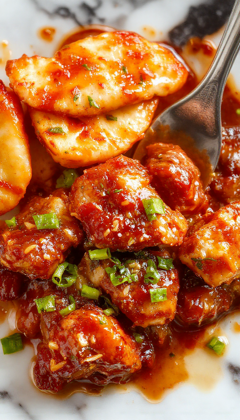 A plate of Zesty Asian Sweet Chili Chicken garnished with fresh herbs and crispy vegetables, showcasing vibrant reds and greens.