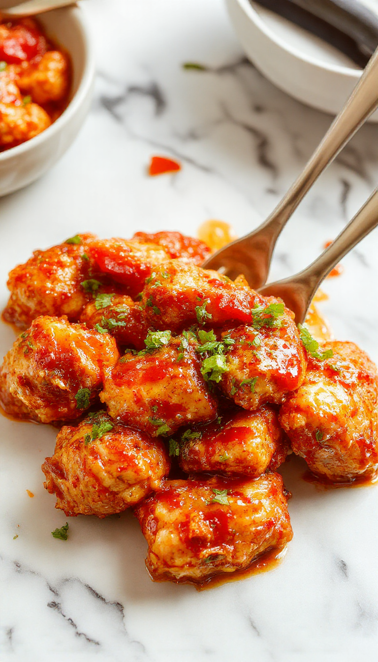 A plate of crispy Asian sweet chili chicken garnished with fresh herbs and sliced vegetables, served alongside steamed rice.