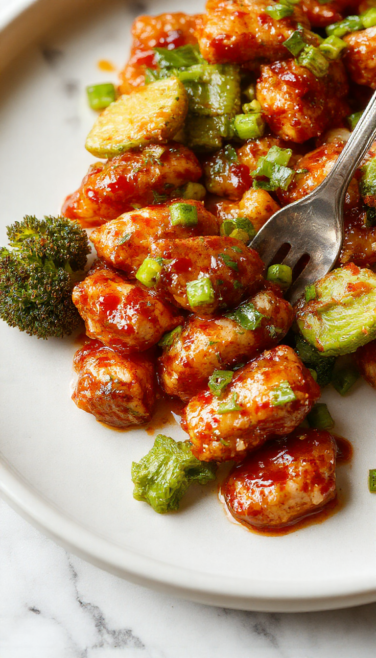 Juicy Asian sweet chili chicken garnished with fresh herbs on a plate, showcasing vibrant colors and glossy sauce.