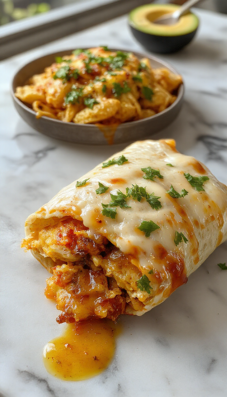 A mouthwatering Zesty Chicken Burrito Bake topped with fresh cilantro and melted cheese, served on a colorful plate for a lively dinner.