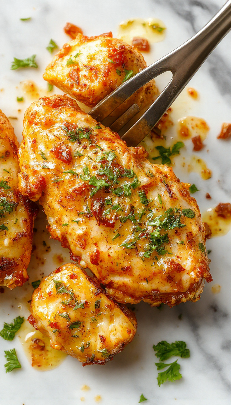 Juicy Cajun chicken breast topped with fresh herbs and drizzled with zesty garlic sauce, garnished with lemon slices and parsley.