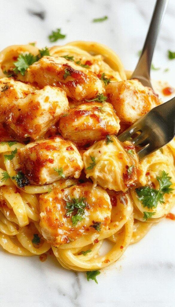 A bowl of Zesty Honey Pepper Chicken Pasta garnished with fresh herbs, showcasing tender chicken, pasta, and vibrant peppers coated in a glossy sauce.