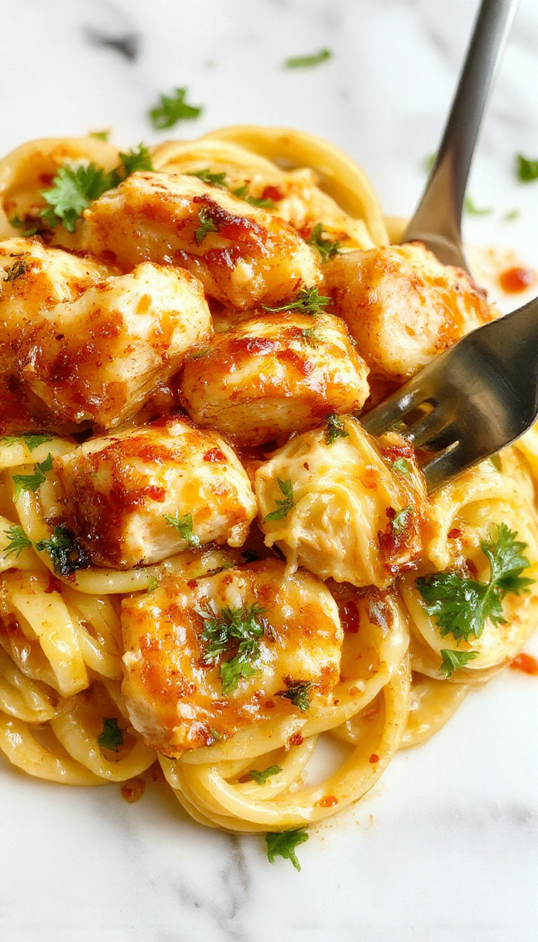 A bowl of Zesty Honey Pepper Chicken Pasta garnished with fresh herbs, showcasing tender chicken, pasta, and vibrant peppers coated in a glossy sauce.