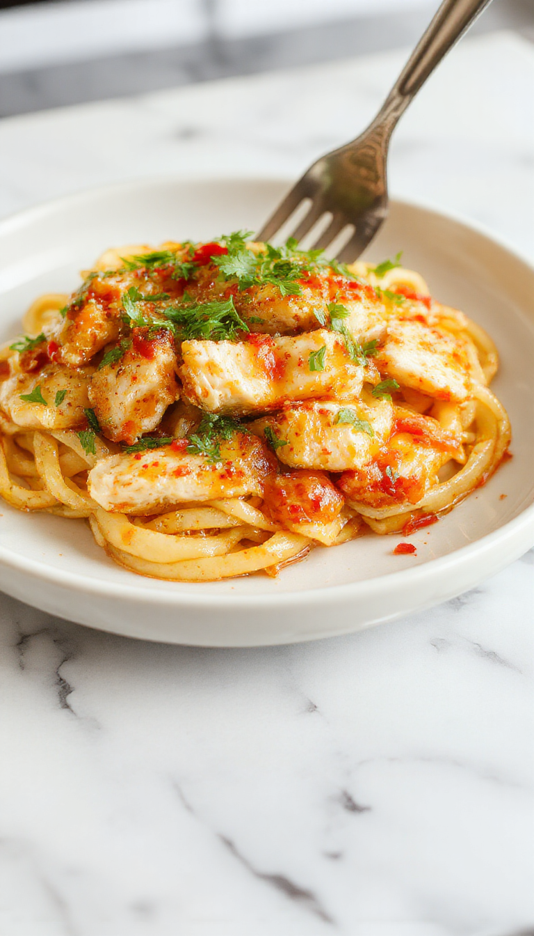 A vibrant plate of Zesty Honey Pepper Chicken Pasta garnished with fresh herbs, showcasing tender chicken pieces coated in a glossy honey-pepper glaze alongside colorful pasta and vegetables.