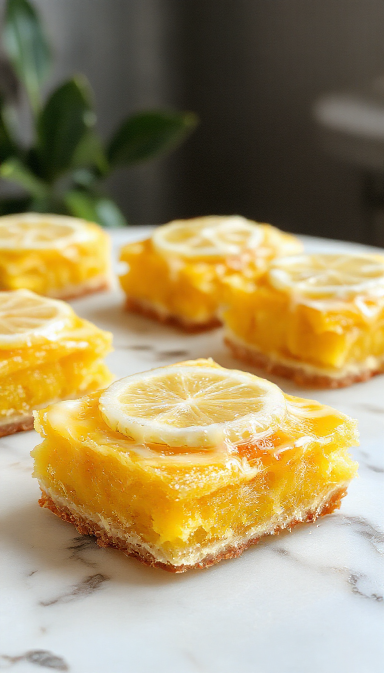 Close-up of vibrant lemon bars with a bright yellow glaze and powdered sugar dusting, arranged on a rustic plate.