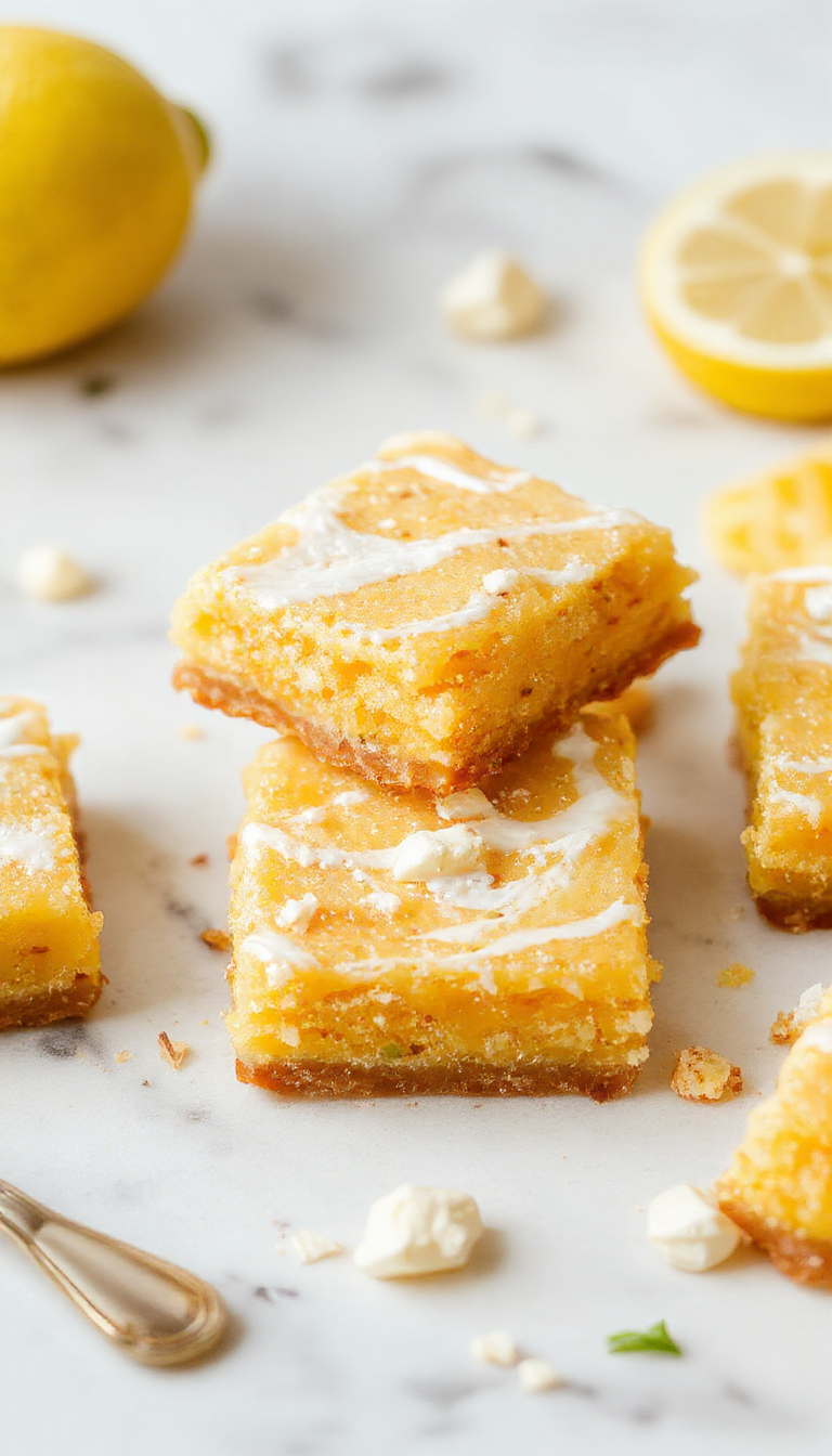 A close-up of Zesty Lemon Dream Bars showcasing their golden, fudgy base topped with vibrant lemon zest and a glossy lemon glaze.
