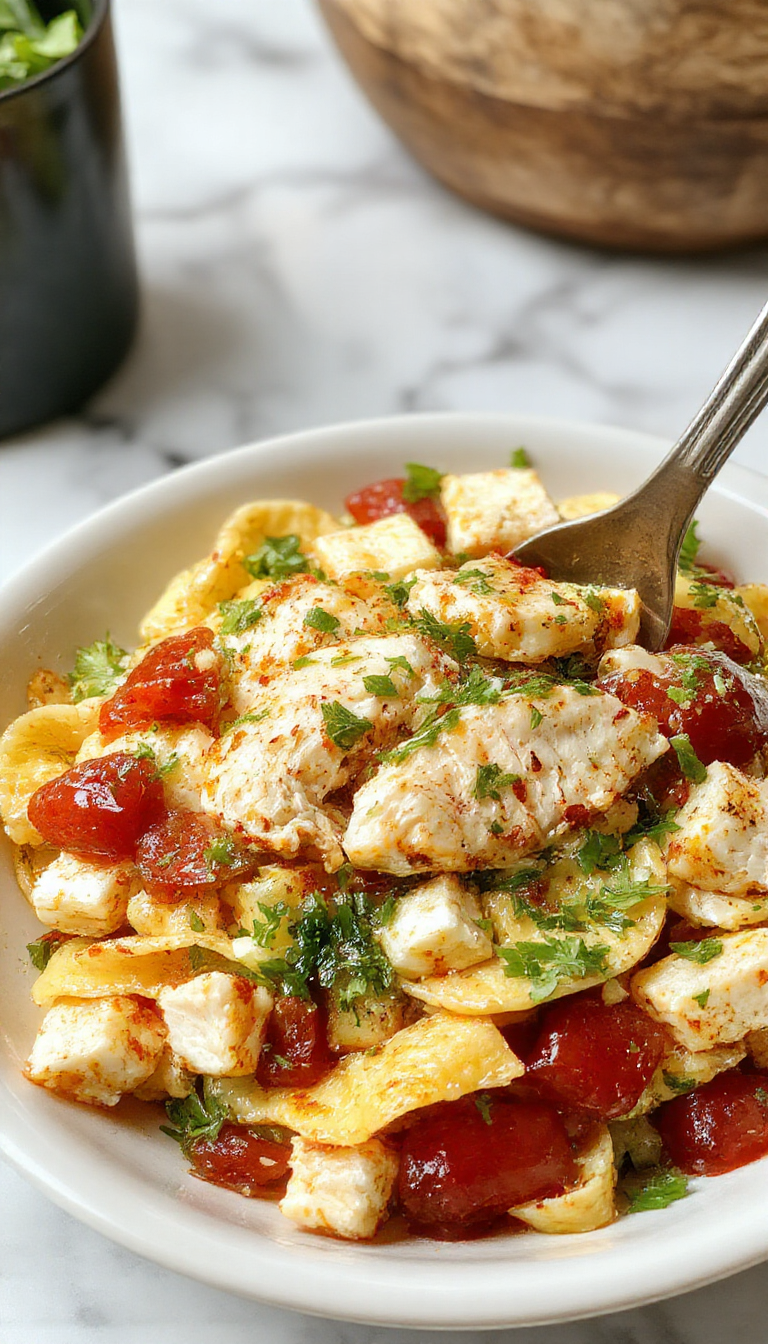 Colorful Zesty Mediterranean Chicken Pasta Salad served in a bowl with fresh herbs, cherry tomatoes, and sliced grilled chicken pieces.