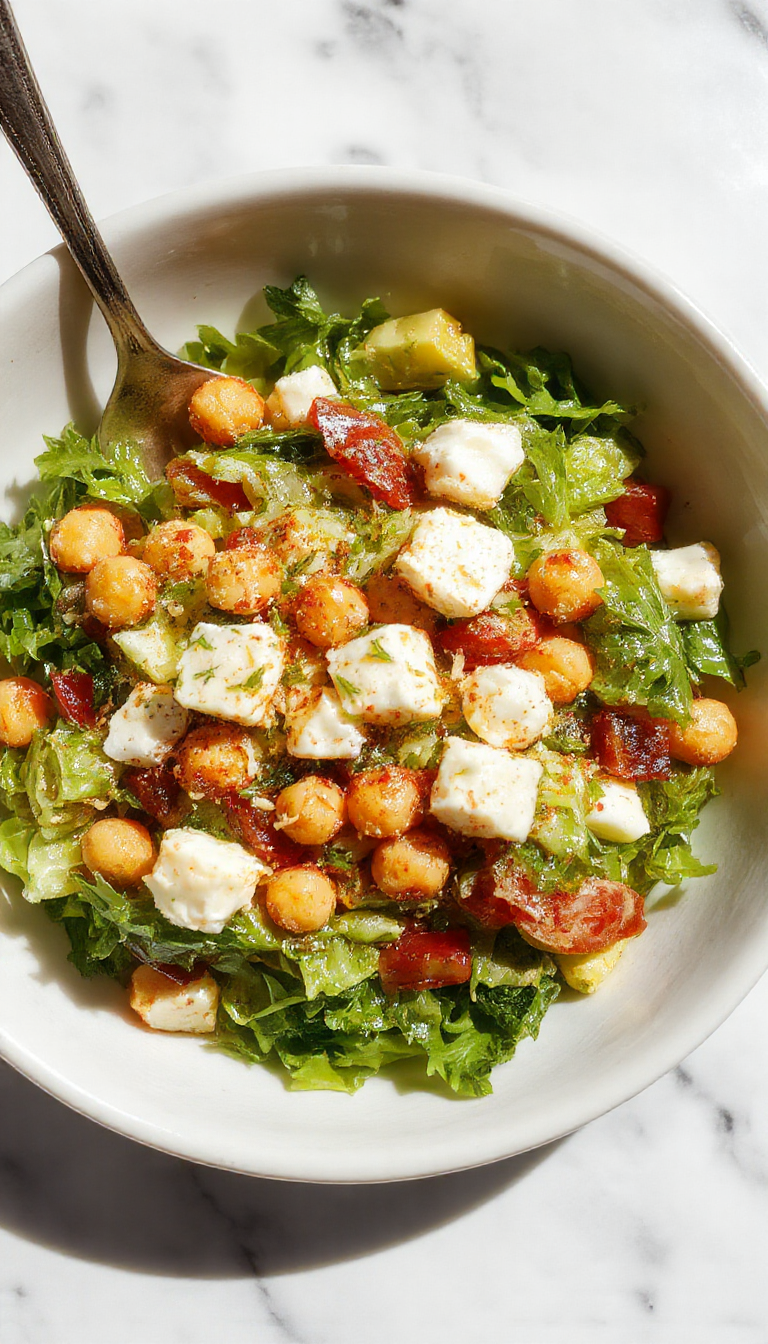 A vibrant Mediterranean chickpea and feta salad with colorful vegetables, garnished with fresh herbs and olive oil dressing.