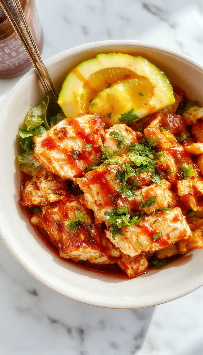 A vibrant power bowl featuring grilled chicken glazed with spicy sriracha, colorful vegetables, quinoa, and fresh herbs, perfect for a healthy dinner.