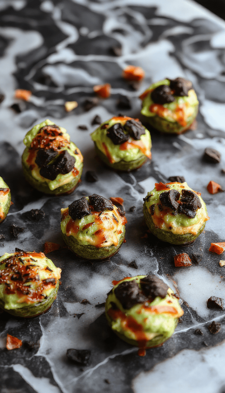 Colorful Halloween-themed appetizers arranged on a dark platter, featuring creepy eyeball deviled eggs, ghost-shaped cheese balls, and spider-web crackers with vibrant orange, black, and green decorations, styled with spooky cobwebs and bat silhouettes.