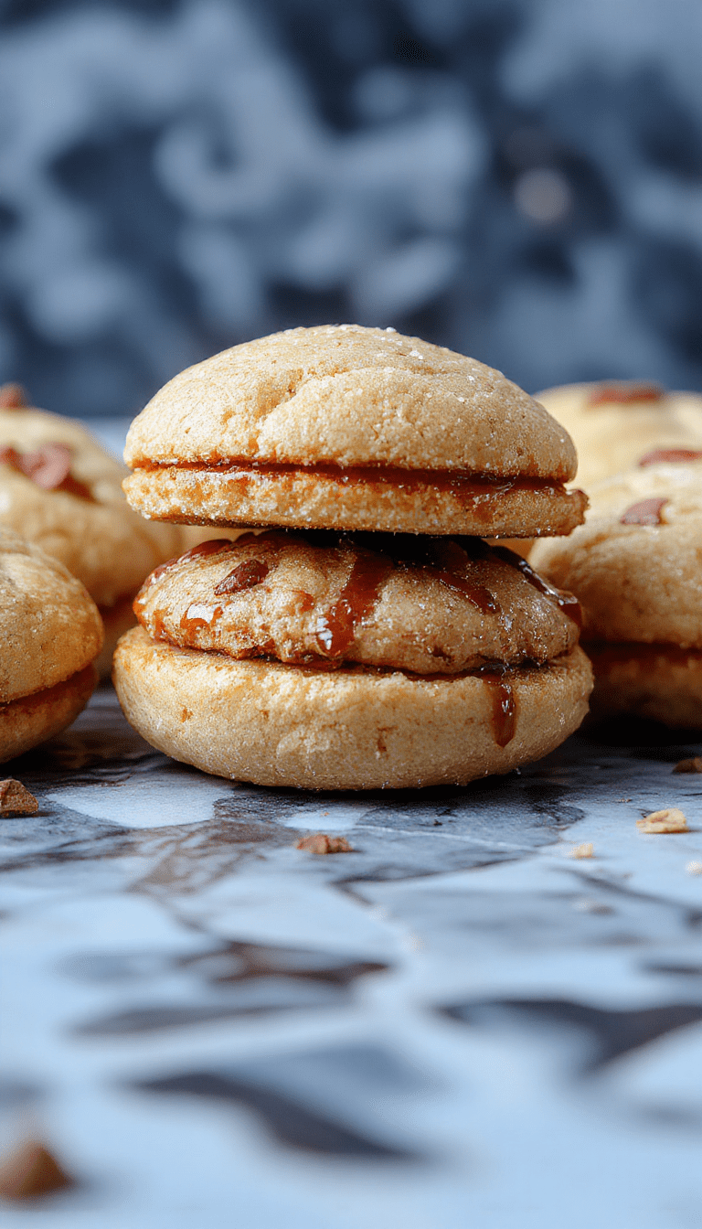 Vivid image of golden-brown apple cider whoopie pies with smooth vanilla frosting between each soft, moist cookie, arranged on a rustic wooden tray with Autumn leaves in the background, highlighting their texture and inviting appearance.