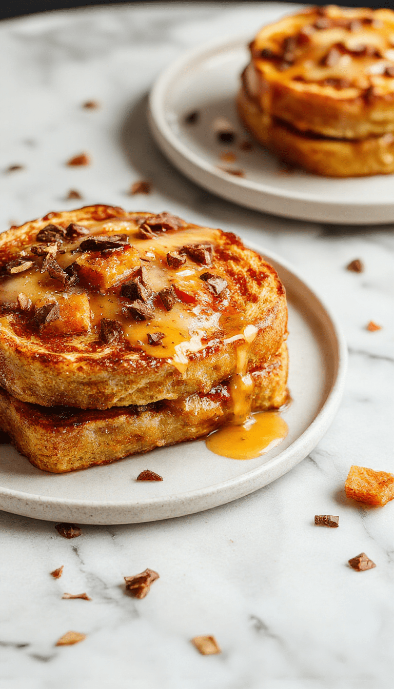A rustic plate showcasing golden-brown French toast slices topped with vibrant orange pumpkin purée, sprinkled with powdered sugar and garnished with cinnamon sticks and fresh mint, against a cozy autumn-themed background with warm lighting.