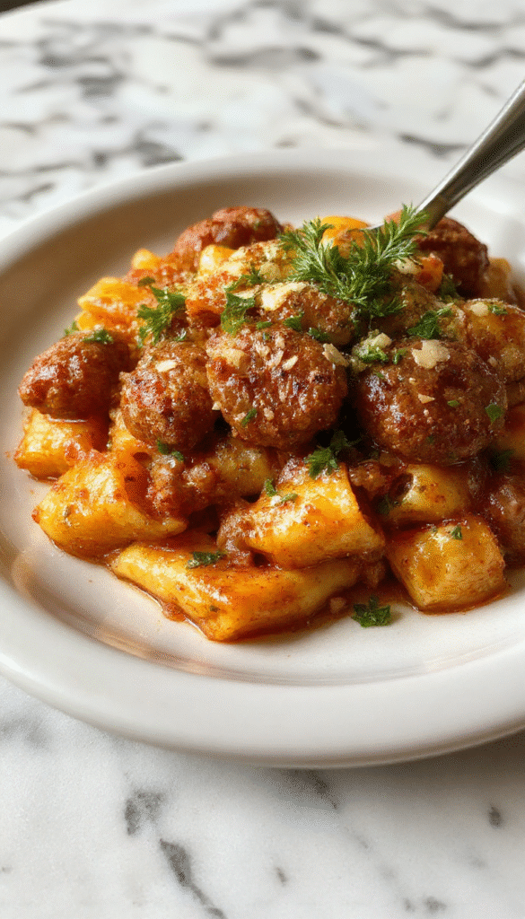 A vibrant bowl of autumn sausage pasta squash featuring tender roasted squash, sautéed sausage slices, and twirled pasta topped with fresh herbs, set on a rustic wooden table with seasonal gourds and fall leaves in the background