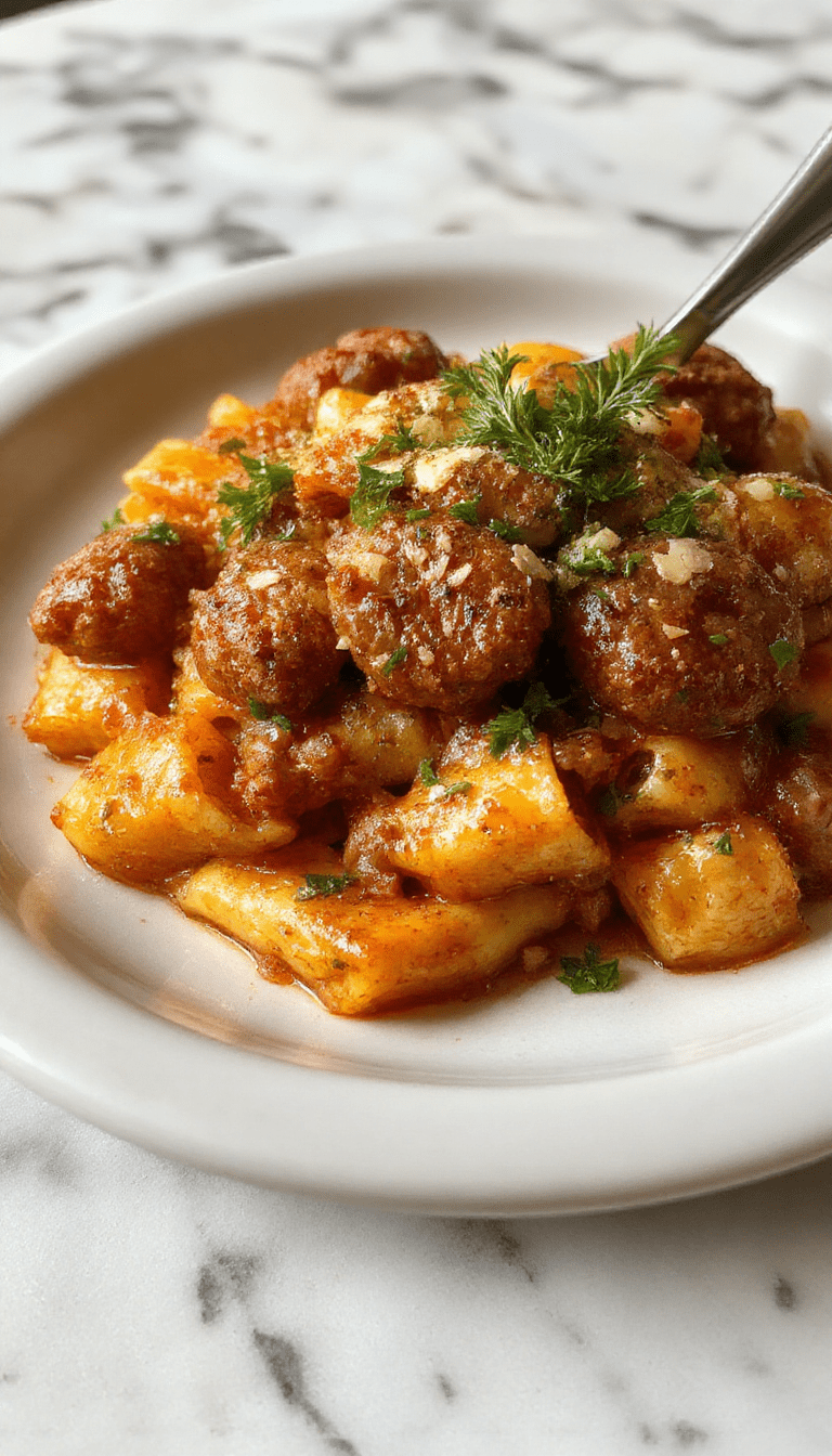 A vibrant bowl of autumn sausage pasta squash featuring tender roasted squash, sautéed sausage slices, and twirled pasta topped with fresh herbs, set on a rustic wooden table with seasonal gourds and fall leaves in the background