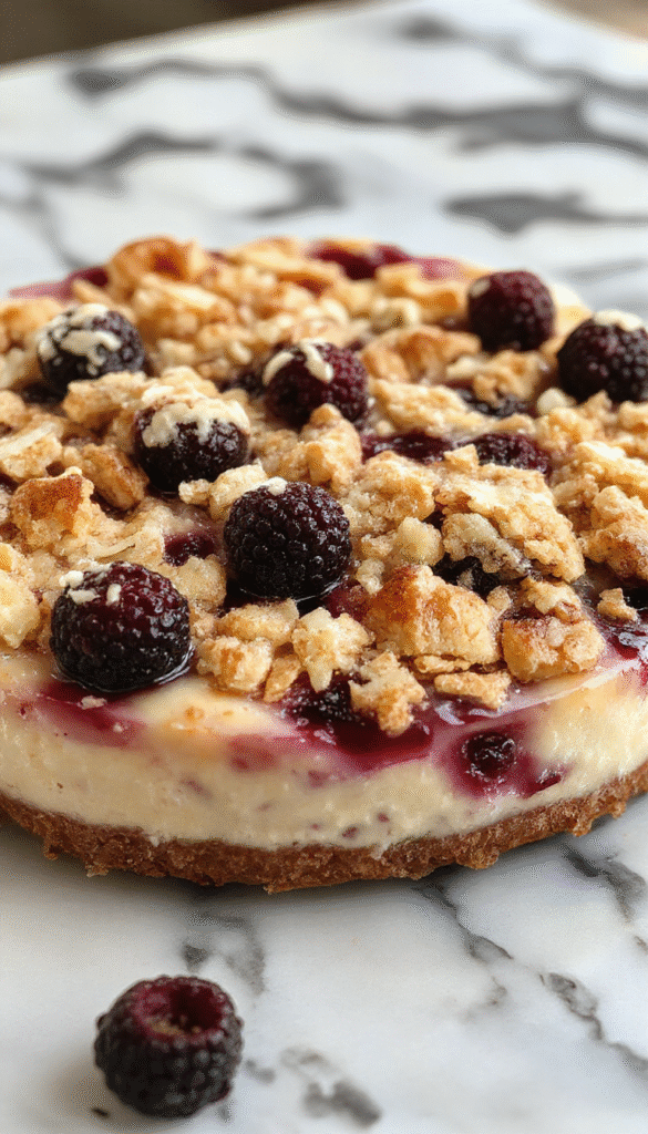 A vibrant blueberry cheesecake topped with a golden crumble topping, garnished with fresh blueberries and a sprig of mint, presented on a white plate with a rustic background, showcasing its creamy texture and colorful berries.