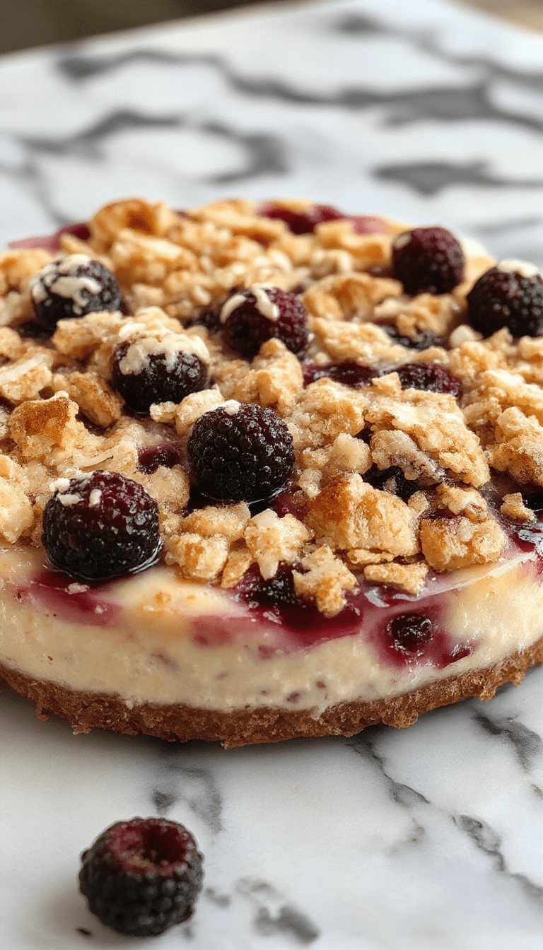 A vibrant blueberry cheesecake topped with a golden crumble topping, garnished with fresh blueberries and a sprig of mint, presented on a white plate with a rustic background, showcasing its creamy texture and colorful berries.