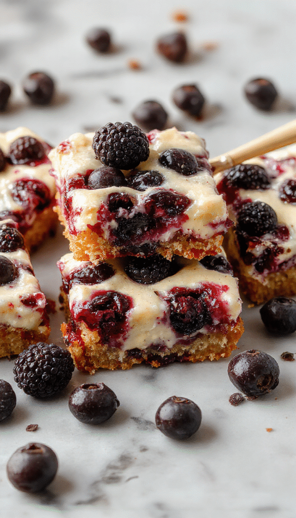 A close-up of golden-brown blueberry cream cheese bars topped with fresh blueberries and a dusting of powdered sugar, arranged on a rustic wooden platter with a fork beside them, showcasing their creamy texture and vibrant berry topping.