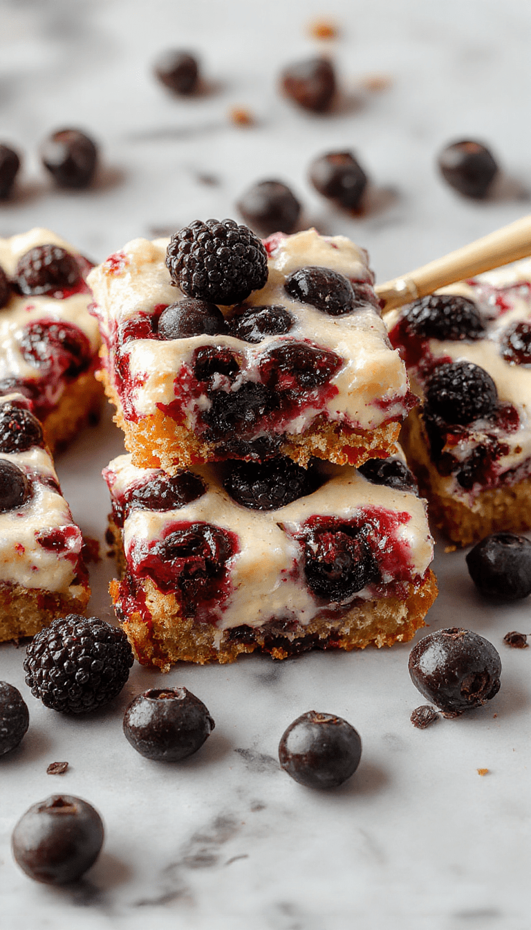 A close-up of golden-brown blueberry cream cheese bars topped with fresh blueberries and a dusting of powdered sugar, arranged on a rustic wooden platter with a fork beside them, showcasing their creamy texture and vibrant berry topping.