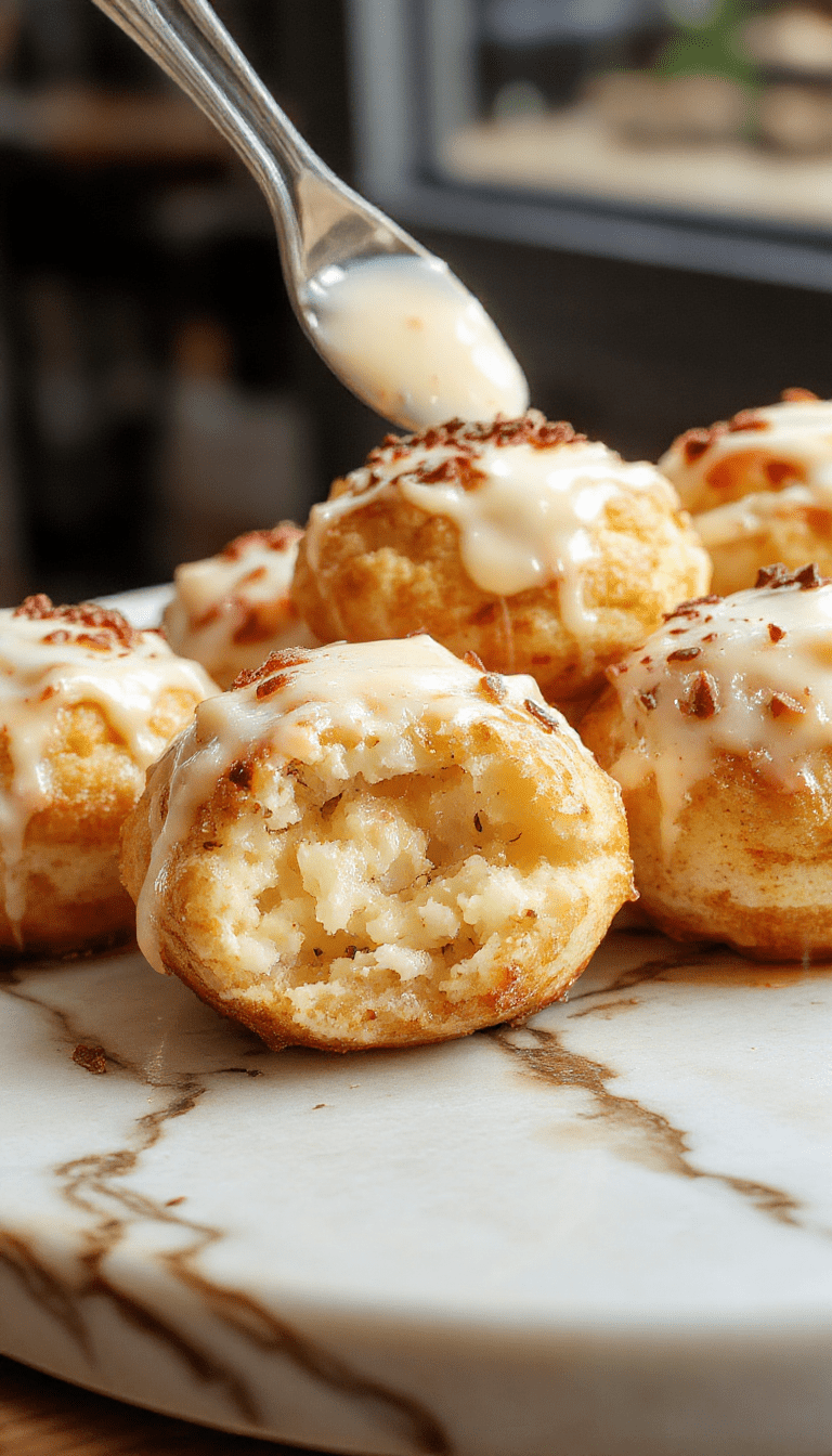 A close-up of golden brown cheesy mashed potato puffs arranged on a white plate, crispy exterior with melted cheese oozing out, garnished with fresh herbs, styled on a rustic wooden table.