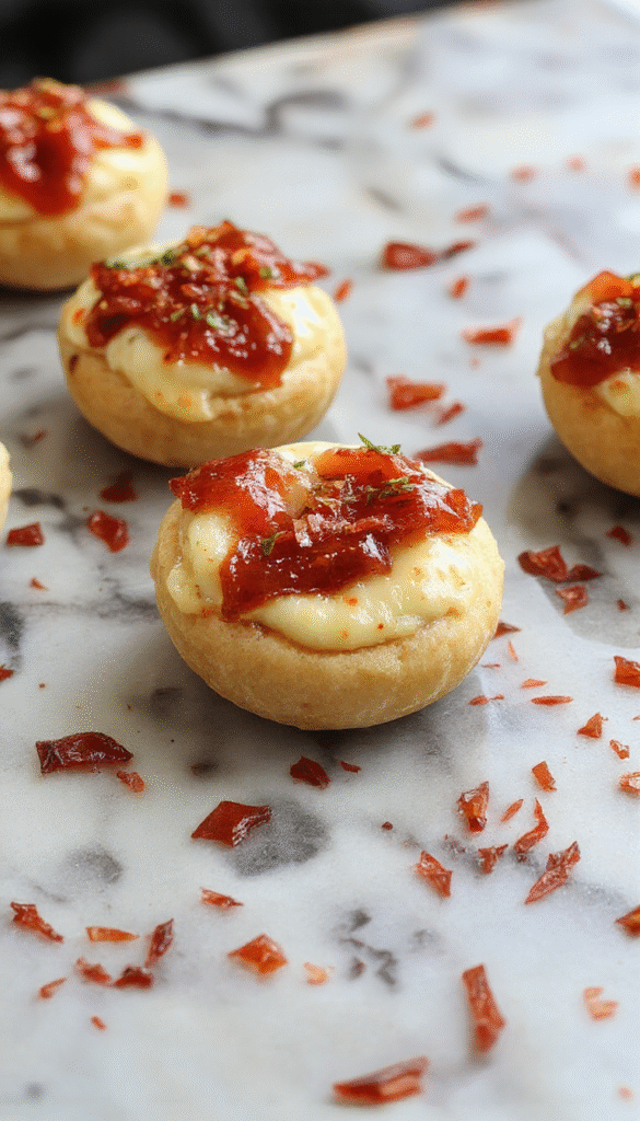 Golden brown cheesy thumbprint appetizers arranged on a white serving platter with a glossy, bright red hot pepper jelly filling in each cavity, garnished with fresh herbs and served with a rustic wooden backdrop. The textures include crispy edges, creamy cheese filling, and shiny jelly.