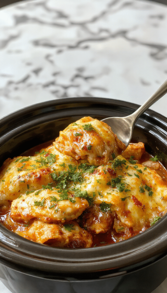 A vibrant round casserole dish filled with layered shredded chicken, melted cheese, and rich enchilada sauce, garnished with fresh cilantro and sliced jalapenos, presented on a rustic wooden table with a spoon on the side, showcasing a melty, cheesy, and colorful dish.