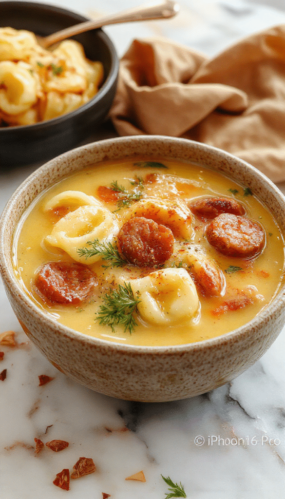 A steaming bowl of autumn tortellini soup with sausage, garnished with fresh herbs, served in a rustic bowl on a wooden table with fall leaves around it