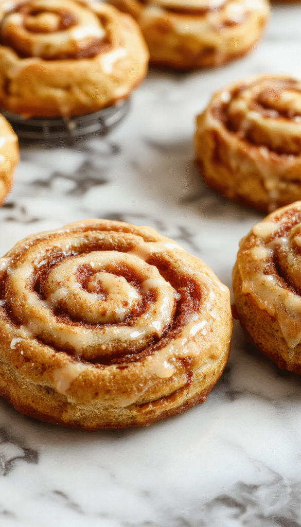 A close-up of golden-brown cinnamon roll cookies arranged on a rustic wooden platter, drizzled with creamy glaze, with warm cinnamon swirls and textured edges invitingly displayed, styled with a sprinkling of cinnamon powder and a cozy background.