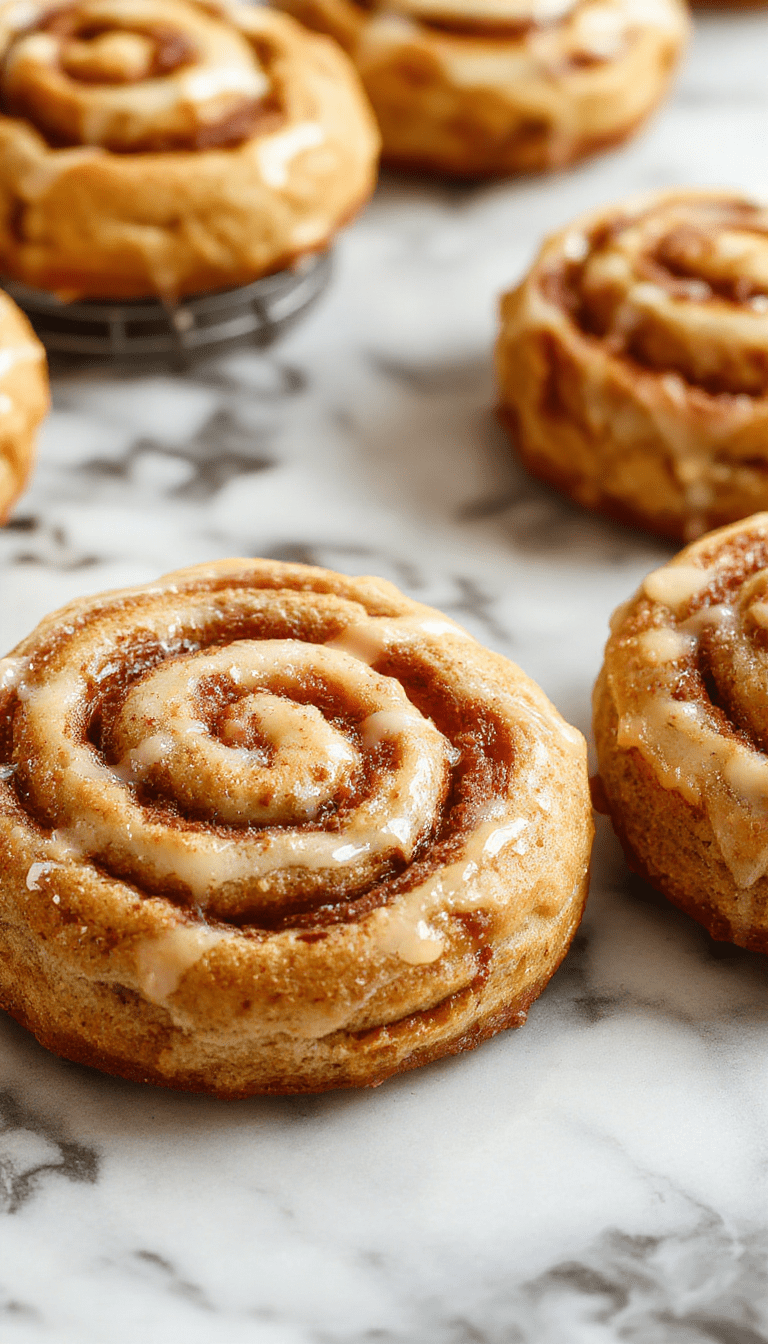A close-up of golden-brown cinnamon roll cookies arranged on a rustic wooden platter, drizzled with creamy glaze, with warm cinnamon swirls and textured edges invitingly displayed, styled with a sprinkling of cinnamon powder and a cozy background.