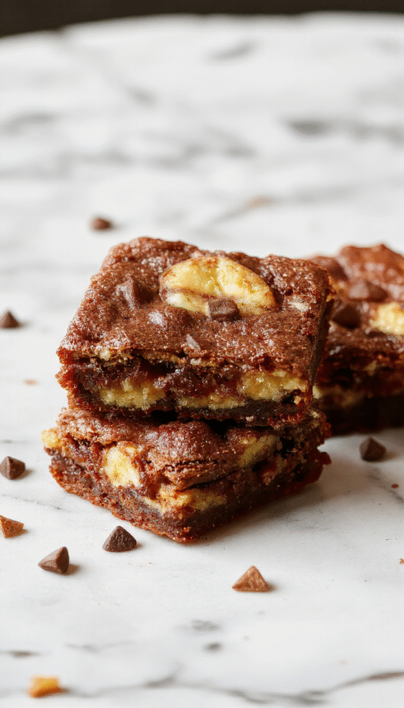 A close-up of a plate of warm apple brownies with caramel drizzles and chopped nuts on top, surrounded by fresh apple slices, with a rustic wooden table background and seasonal fall decor in soft lighting.