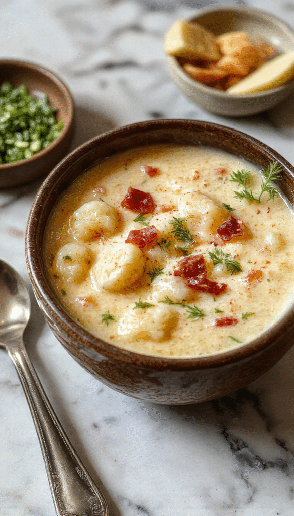 A warm bowl of creamy bacon cheddar gnocchi soup garnished with shredded cheddar cheese, crispy bacon bits, and fresh herbs on a rustic wooden table, with a spoon poised for serving. The soup appears thick, cheesy, and inviting, showcasing tender gnocchi and golden bacon pieces against a vibrant backdrop.