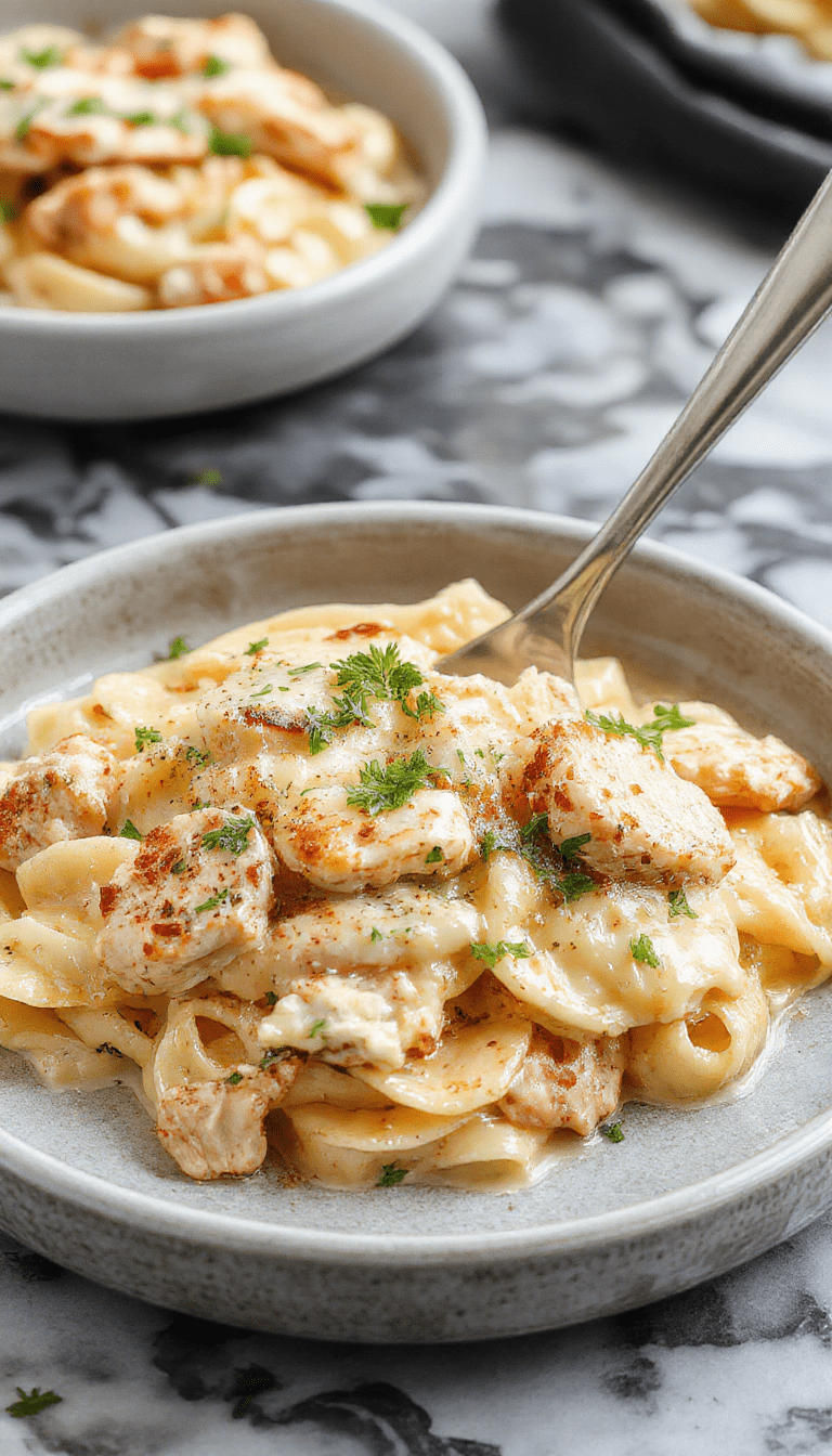 A close-up of a creamy chicken pasta dish served on a white plate, featuring tender pasta coated in a rich white sauce with melted Boursin cheese, garnished with fresh herbs and black pepper, with a sprinkle of chopped parsley on top. The vibrant golden hues of the sauce contrast with the green herbs, showcased on a rustic wooden table.