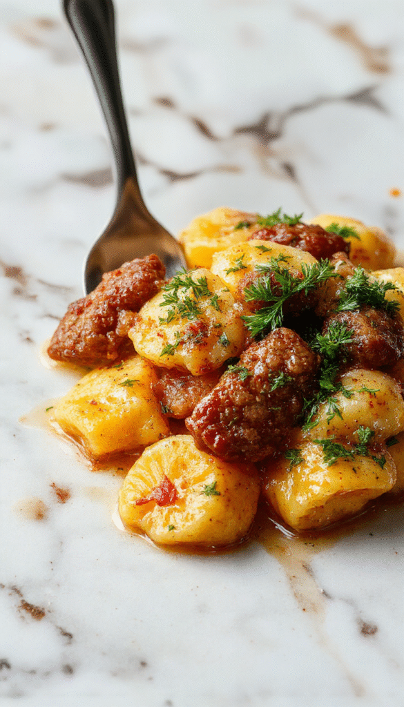 A close-up of golden-brown gnocchi coated in creamy butternut squash sauce, topped with slices of crispy sausage, garnished with fresh herbs on a rustic plate, showcasing smooth textures and vibrant orange and brown colors.