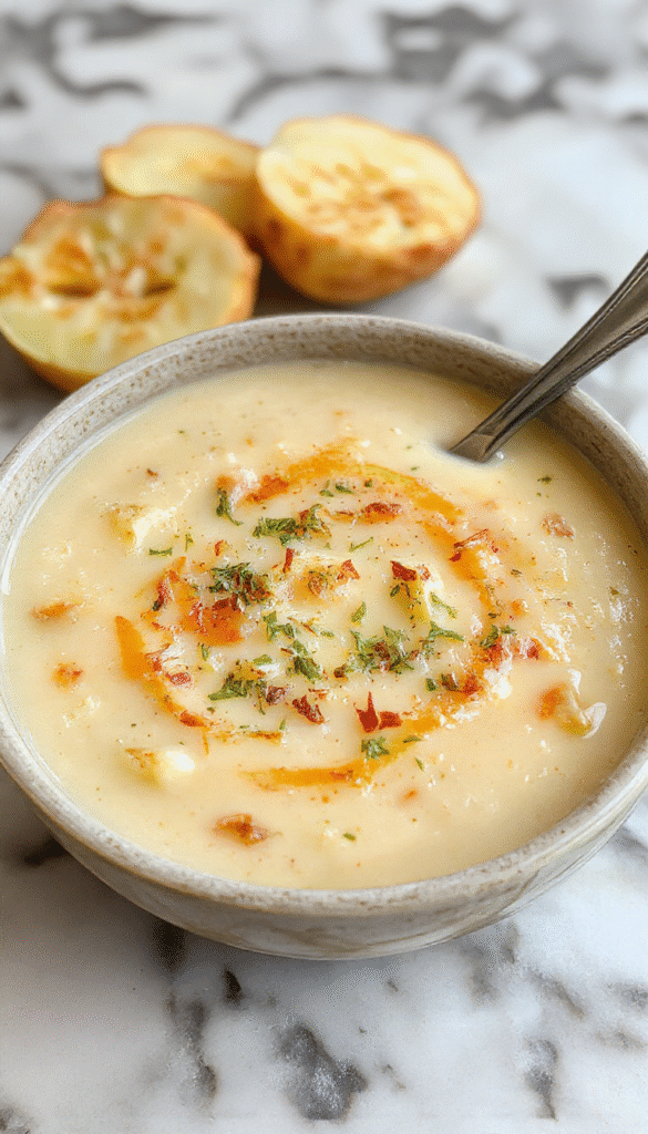 A steaming bowl of creamy cheddar garlic herb potato soup with golden-brown potato chunks, melted cheese, chopped fresh herbs, served in a rustic bowl with a sprig of parsley, with garlic bread and a soup spoon on a wooden table in natural lighting.