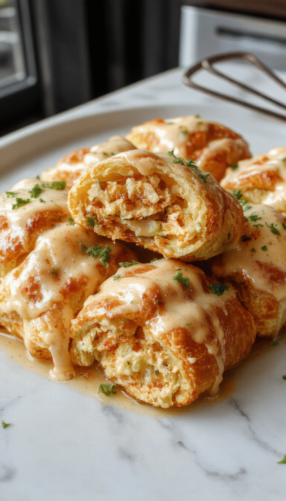 Golden-brown flaky crescent rolls filled with creamy, melted cheese and tender chicken pieces, garnished with fresh herbs, served on a white plate with a rustic wooden background.