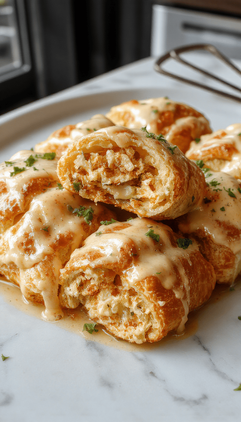 Golden-brown flaky crescent rolls filled with creamy, melted cheese and tender chicken pieces, garnished with fresh herbs, served on a white plate with a rustic wooden background.