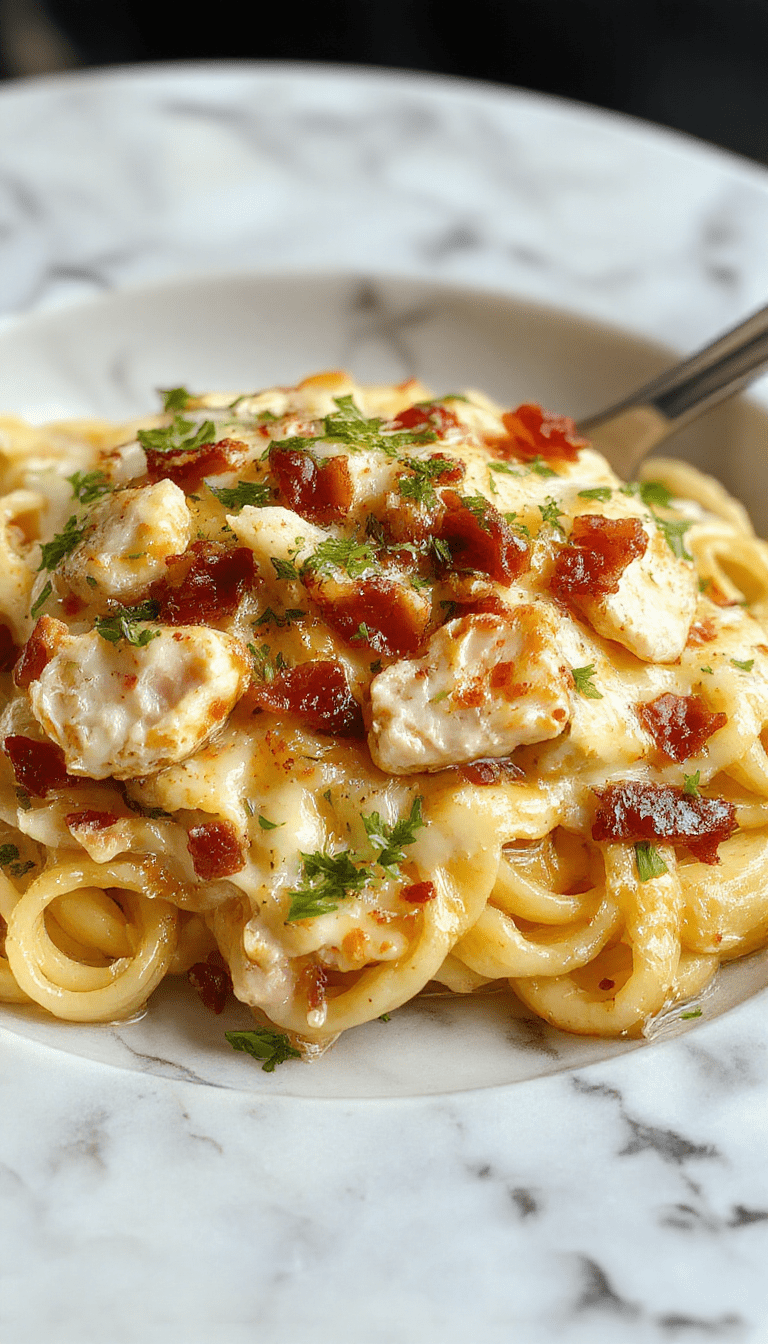 A vibrant plate of creamy chicken bacon ranch pasta featuring al dente pasta coated in a rich, creamy sauce with crispy bacon pieces, topped with fresh chopped herbs and grated cheese. The dish is styled elegantly on a rustic wooden table, with a side of leafy greens and a glass of white wine, showcasing textures from the creamy sauce to crunchy bacon.