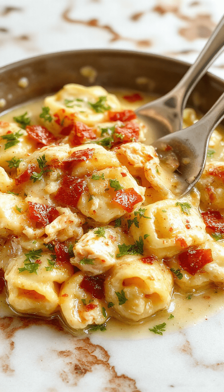 A vibrant plate featuring creamy chicken tortellini with a rich sauce, garnished with fresh herbs, served on a rustic wooden table with colorful vegetables around
