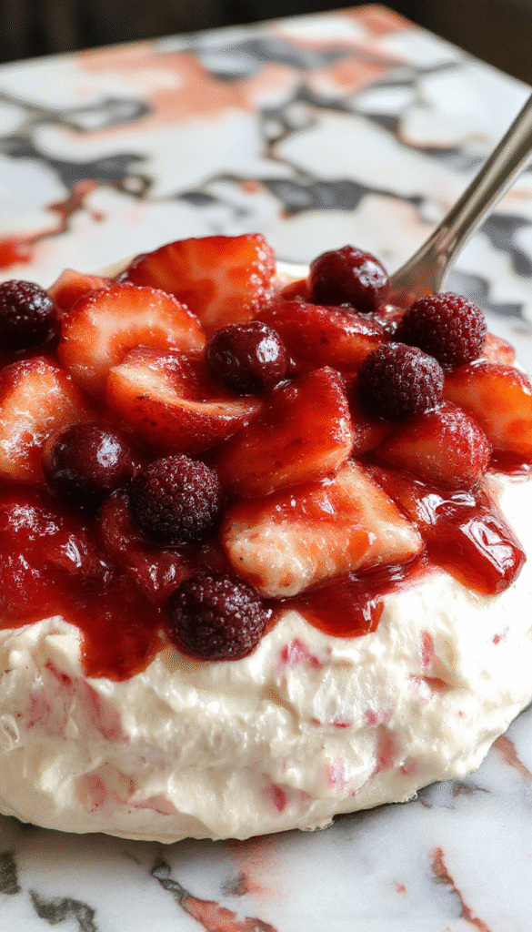 A beautifully plated Pavlova dessert featuring a golden-brown crispy meringue base topped with fluffy whipped cream and an assortment of colorful fresh fruits like strawberries, blueberries, and kiwi slices, garnished with mint leaves on a white plate with a pastel background.
