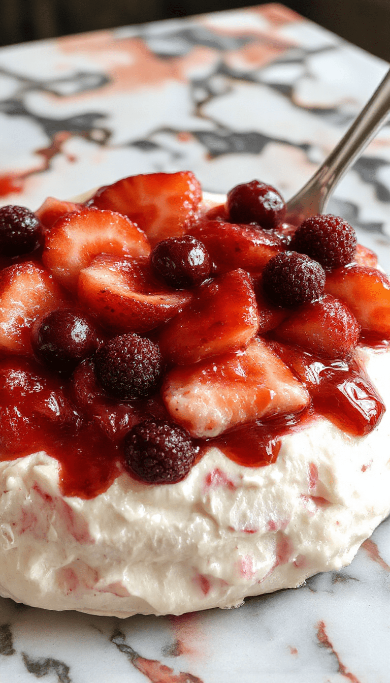 A beautifully plated Pavlova dessert featuring a golden-brown crispy meringue base topped with fluffy whipped cream and an assortment of colorful fresh fruits like strawberries, blueberries, and kiwi slices, garnished with mint leaves on a white plate with a pastel background.