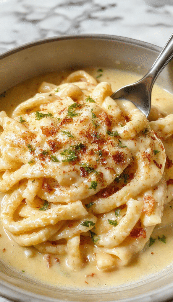A vibrant plate of creamy garlic pasta topped with fresh parsley and grated Parmesan cheese, showcasing a rich, glossy sauce with perfectly cooked noodles, garnished in a rustic white bowl on a wooden surface with garlic and herbs in the background.