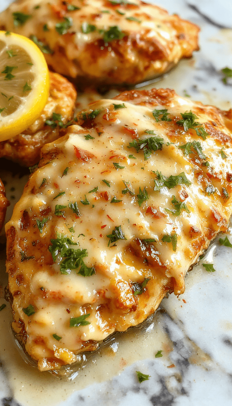 A close-up of a plated lemon chicken Romano dish featuring golden-brown chicken breasts topped with a creamy lemon sauce, garnished with fresh herbs, served alongside roasted vegetables on a white ceramic plate, with a lemon wedge in the background and a rustic wooden table surface.