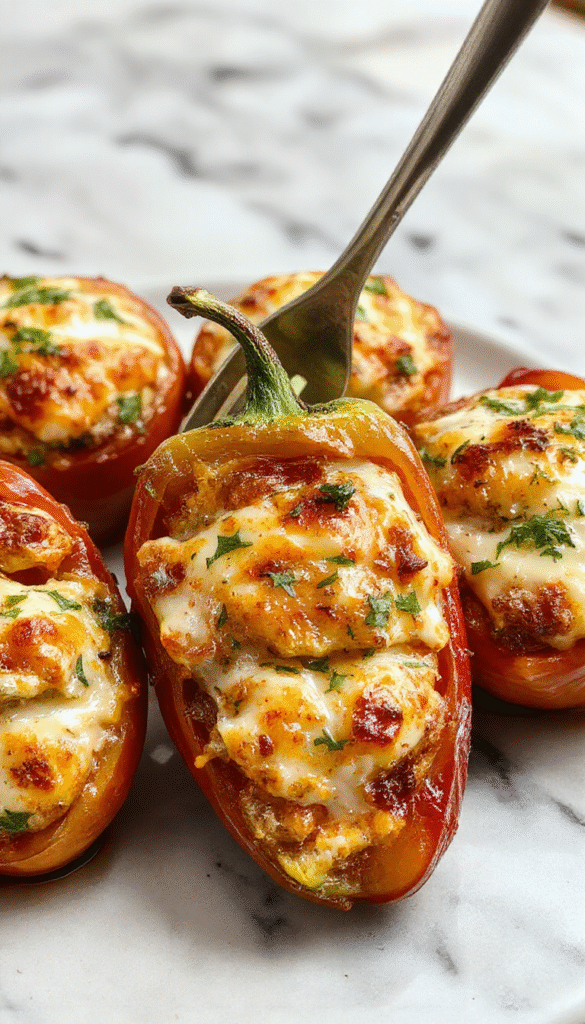 Colorful bell peppers filled with creamy ricotta cheese mixture, topped with herbs and baked to perfection. Vibrant red and yellow peppers sit on a white plate, showcasing their glossy appearance and tender textures, garnished with fresh basil.