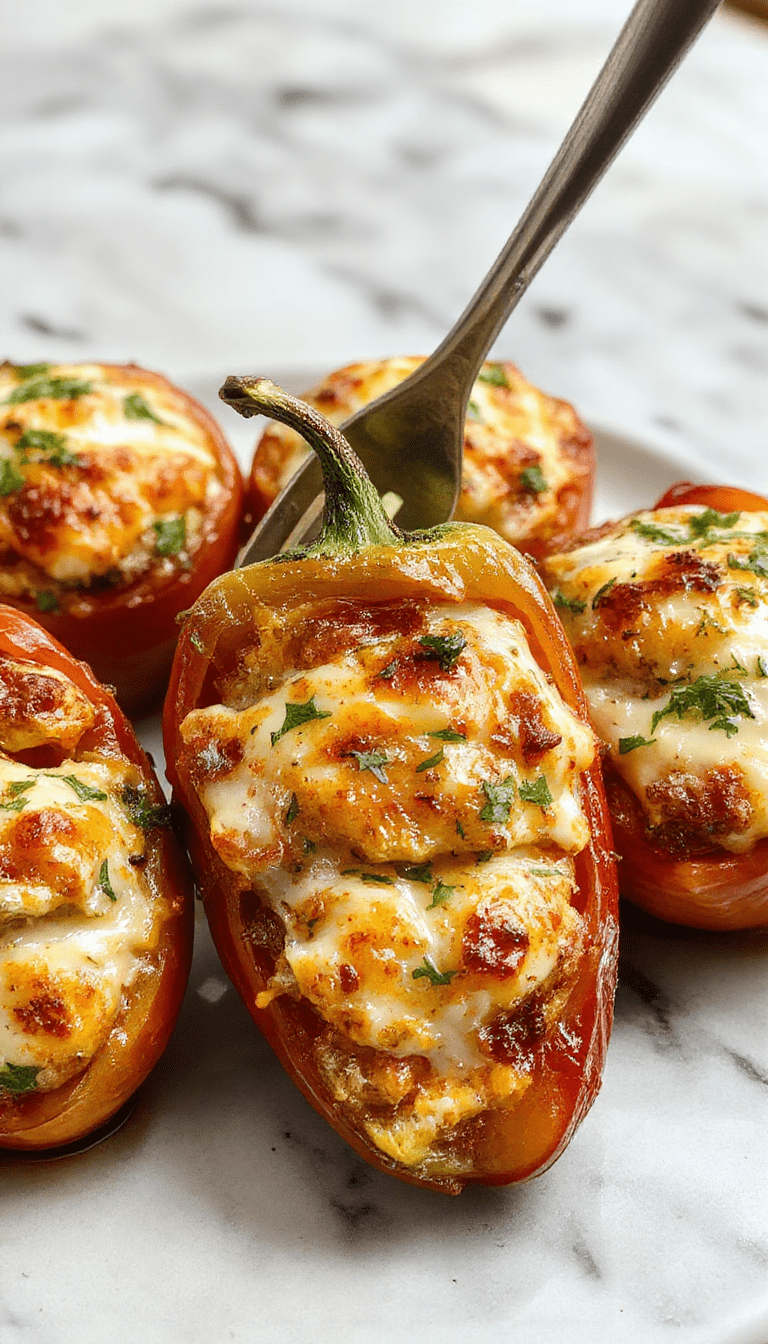 Colorful bell peppers filled with creamy ricotta cheese mixture, topped with herbs and baked to perfection. Vibrant red and yellow peppers sit on a white plate, showcasing their glossy appearance and tender textures, garnished with fresh basil.
