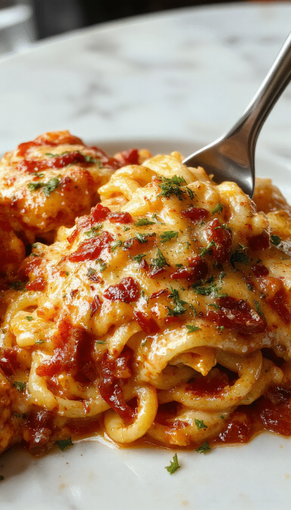 A close-up of a hearty Southern-style spaghetti bake in a rustic baking dish, topped with melted cheese and fresh herbs, with a golden-brown crust and strings of cheese pulling apart, set on a wooden table with fresh ingredients around.
