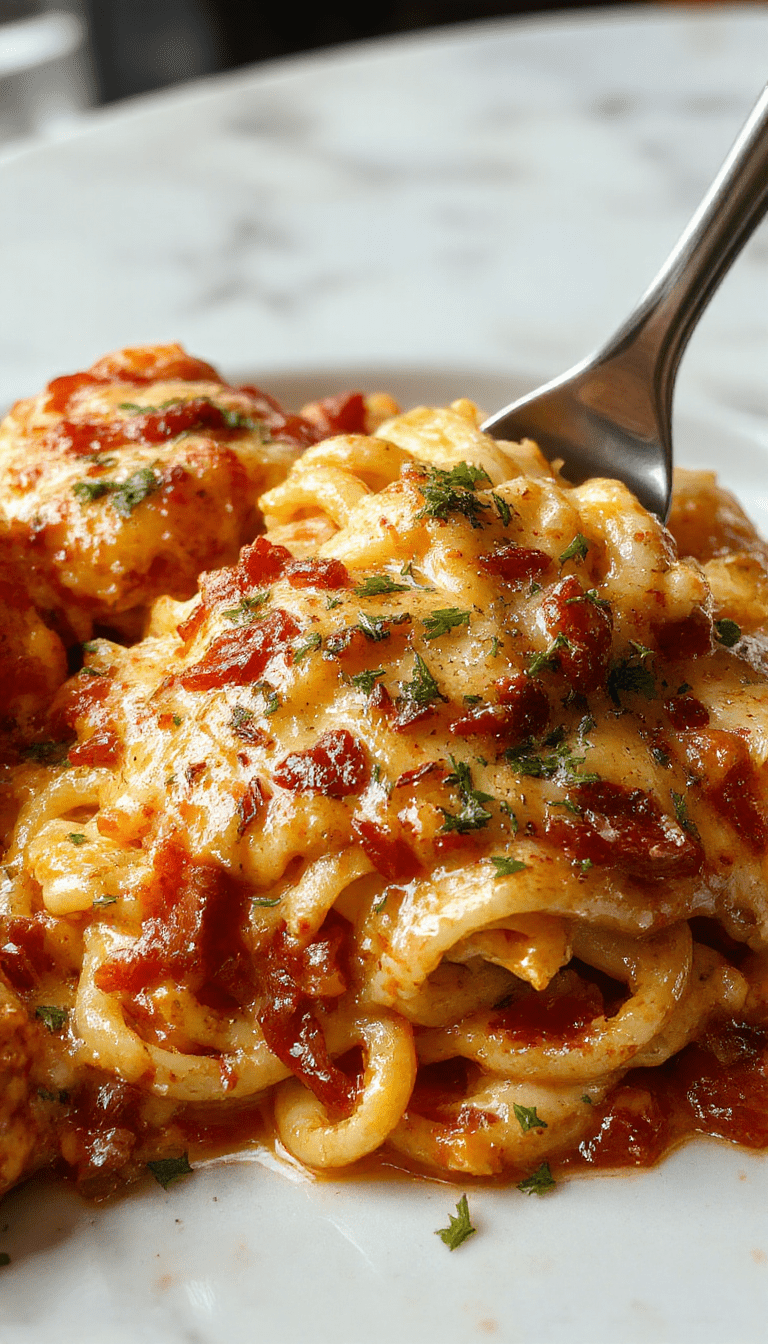 A close-up of a hearty Southern-style spaghetti bake in a rustic baking dish, topped with melted cheese and fresh herbs, with a golden-brown crust and strings of cheese pulling apart, set on a wooden table with fresh ingredients around.