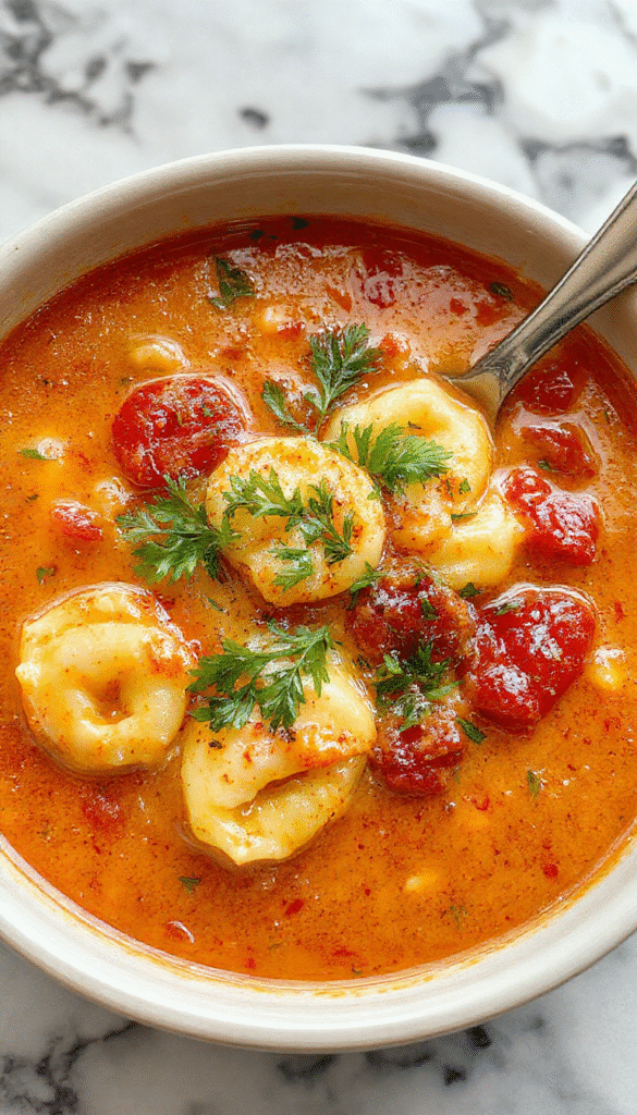 A vibrant bowl of creamy tomato tortellini soup garnished with fresh basil and grated cheese, with soft tortellini pieces, bright red tomato broth, and a rustic wooden spoon on a white plate.
