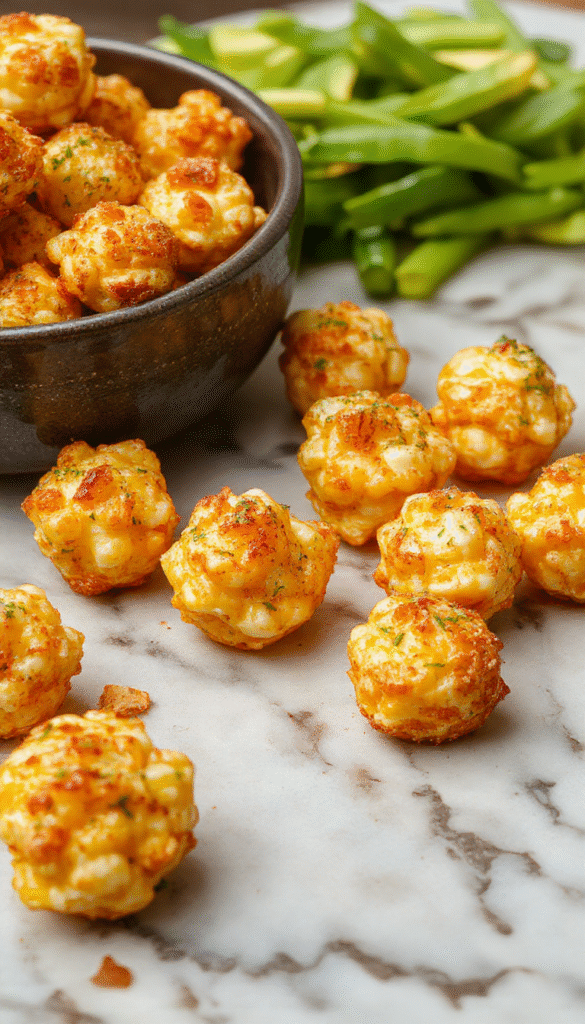 Golden brown crispy corn cheese bites arranged on a white plate, showcasing their crunchy exterior and melty cheesy interior, garnished with chopped herbs, with a blurred background of dipping sauces and fresh ingredients, styled attractively for a snack or appetizer presentation.