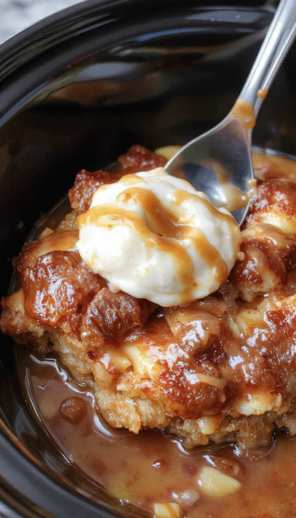 A close-up of a golden-brown crockpot dump cake topped with caramel sauce and caramelized apple slices, garnished with a sprinkle of cinnamon, in a rustic white dish on a wooden table