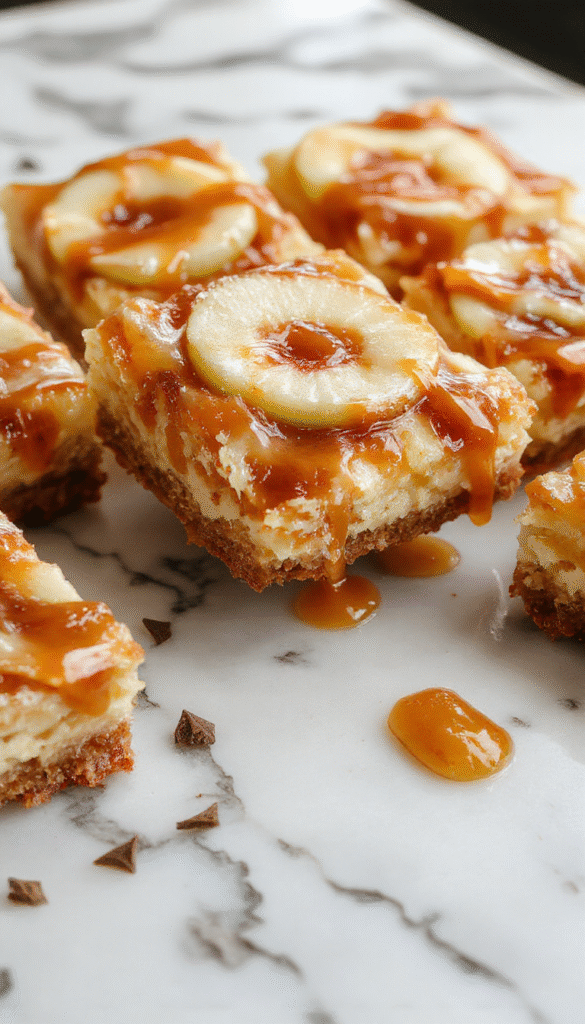 A tray of golden caramel apple cheesecake bars on a rustic wooden surface, topped with caramel drizzle and sliced fresh apples, with a creamy texture visible and a dusting of cinnamon around the edges
